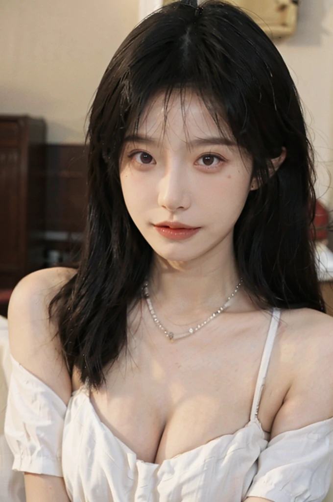 Portrait photography，1 girl，Buddha Halo，Bare shoulders，Lipstick，(Big Breasts:1.6)，Shoulder-Length Wavy Hair，Wear a necklace，Headband，Earring short sleeves，serene，calm，(Realistic and detailed eyes，Natural skin texture，Realistic facial details)，Soft dramatic lighting，Depth of Field，Bokeh，Vibrant details，In detail and in detail，Hyper Reality 35mm，hazy，