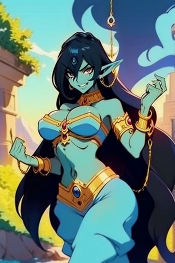 (Masterpiece, best quality, official art, 8K), ultra-detailed, a cartoon image of a golden-skinned female Djinn with blue hair and a chain around her neck, Human Hybrid Djinn, ((((sky blue skin)))), skin genie girl sky blue, alone, Krenz Cushart and Artgerm, aesthetics!!!!!! female genius, she is huge, beautiful girl genius, artgerm comics, colorful artgerm!!!, artgerm style, in the artgerm style, artgerm style, Asian Water Elemental Woman, Goddess Inanna, The Greek goddess Afrotita, aesthetic!!!!!! (1 Female Genie Djinn), (Big Breasts), Beautiful Genie, Evil Goddess, Djinn Character, Detailed Body, Cuffs with Hanging Chains, Colorful Concept Art, Spiritual Fantasy Concept Art, female genie, (blue hair), Sky blue skin, Djinn girl, (Sky Blue Skinned Elf-Djinn).