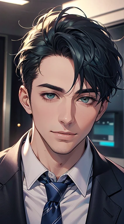 (Highest quality,4K,8K,High resolution,masterpiece:1.2),Super detailed,(Realistic,photoRealistic,photo-Realistic:1.37),1 person,34 years old,Mature Men,Beautiful skin、very handsome,Expressionless smile in love,Short blue hair,green eyes,Sharp Eyes,A perfect face without a doubt,Businessman, CEO, Office Background,Cinema Lighting,HDR image,tie、