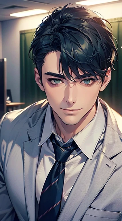 (Highest quality,4K,8K,High resolution,masterpiece:1.2),Super detailed,(Realistic,photoRealistic,photo-Realistic:1.37),1 person,34 years old,Mature Men,Beautiful skin、very handsome,Expressionless smile in love,Short blue hair,green eyes,Sharp Eyes,A perfect face without a doubt,Businessman, CEO, Office Background,Cinema Lighting,HDR image,tie、
