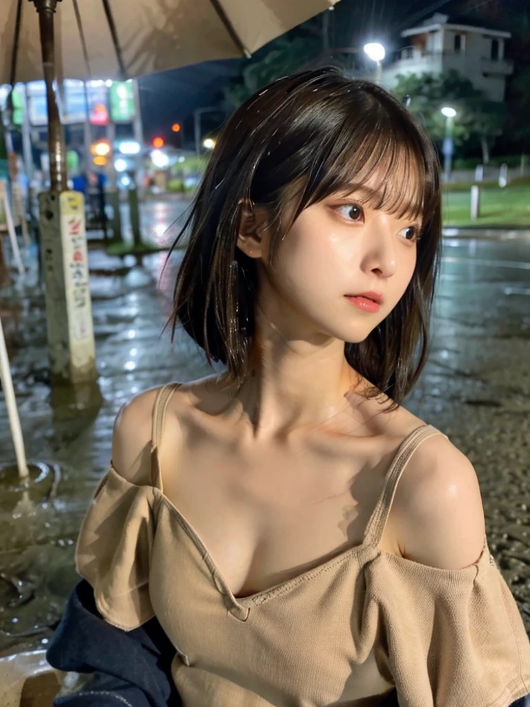 highest quality,RAW Photos , 19 year old Japanese female idol, From above , Face Focus , Face close-up ,
Selfie,Lying on the ground, ((Off-the-shoulder tops , Cold shoulder top , clavicle , Exposing shoulders ,Cleavage ,))short hair, Bowl Cut ,Cute Face ,Edgy,Drooping ,clavicle,Muddy Waters , Overflowing ,Wet ,Selfie, Pale skin,At the Beach, rain,night,