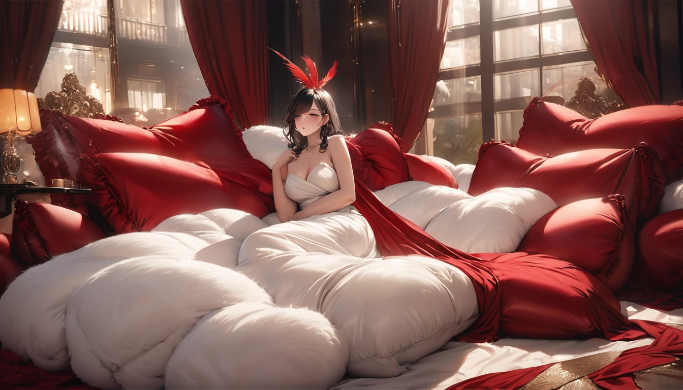 A fluffy red silk feather duvet, many huge silk body pillows, a luxurious and fluffy red silk bed, red silk sheets, 8k, best quality, high detailed, photorealistic, dramatic lighting, warm tones, luxurious, soft, plush, velvet, satin, velvety textures, elegant, sophisticated, premium, lavish, opulent, sumptuous, indulgent, exquisite, refined, lush,