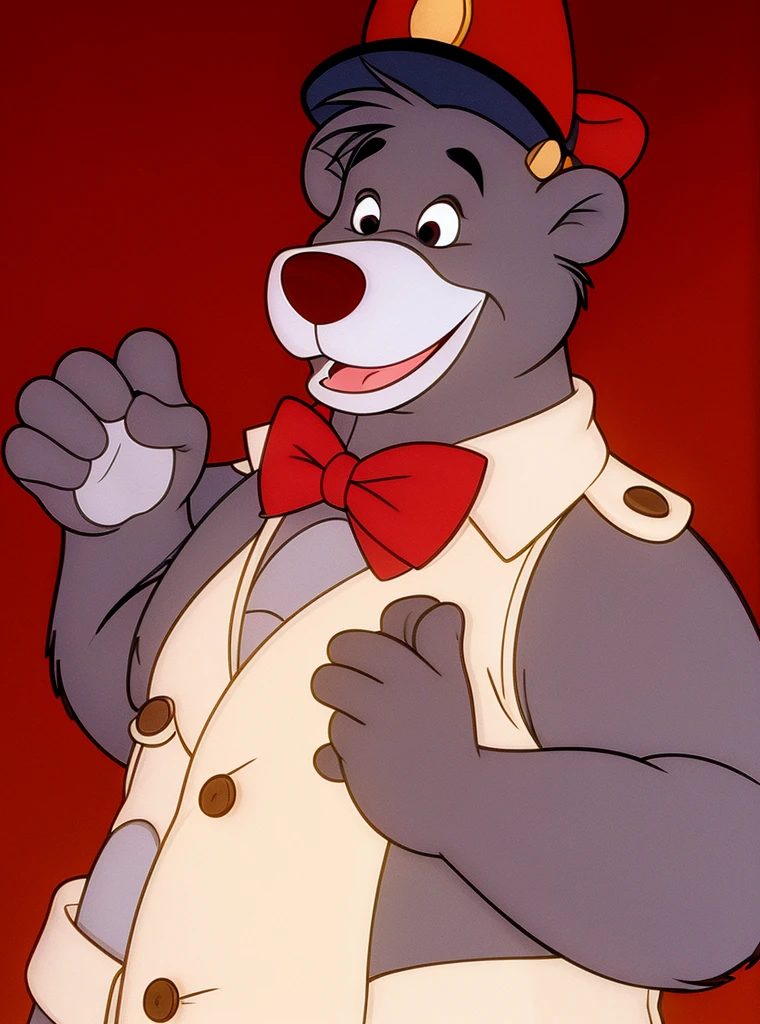 1 boy, bear, black eyes, day, Fluffy man, He has, male focus, a parody, Red Hat,bow tie in white tuxedo, ,smile, One,fantasy, Animal, illustration, flat, Vector, detailed