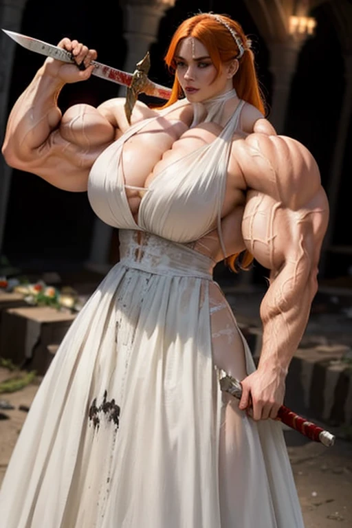 A beautiful, buff, bloodied, pale white skinned muscular bride in a beautiful blood stained slightly torn wedding dress, (orange hair), green eyes, black lipstick, large breast, (ginormous bulky muscles), (blood stained body), ((wearing a blood stained wedding dress)), (close view), long shaggy hair, ((massive muscles)), ((hyper muscles)), covered in blood, (carrying a zweihander sword), in a destroyed church, massive muscles