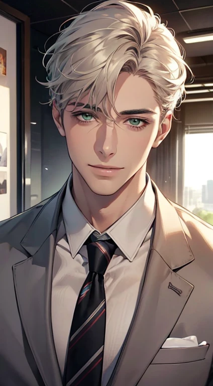 (Highest quality,4K,8K,High resolution,masterpiece:1.2),Super detailed,(Realistic,photoRealistic,photo-Realistic:1.37),1 person,34 years old,Mature Men,Beautiful skin、very handsome,Expressionless smile in love,Short white hair,green eyes,Sharp Eyes,A perfect face without a doubt,Businessman, CEO, Office Background,Cinema Lighting,HDR image,tie、