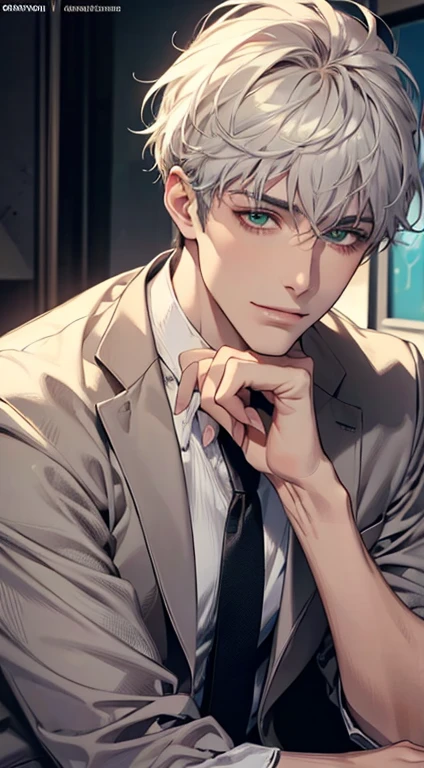 (Highest quality,4K,8K,High resolution,masterpiece:1.2),Super detailed,(Realistic,photoRealistic,photo-Realistic:1.37),1 person,34 years old,Mature Men,Beautiful skin、very handsome,Expressionless smile in love,Short white hair,green eyes,Sharp Eyes,A perfect face without a doubt,Businessman, CEO, Office Background,Cinema Lighting,HDR image,tie、