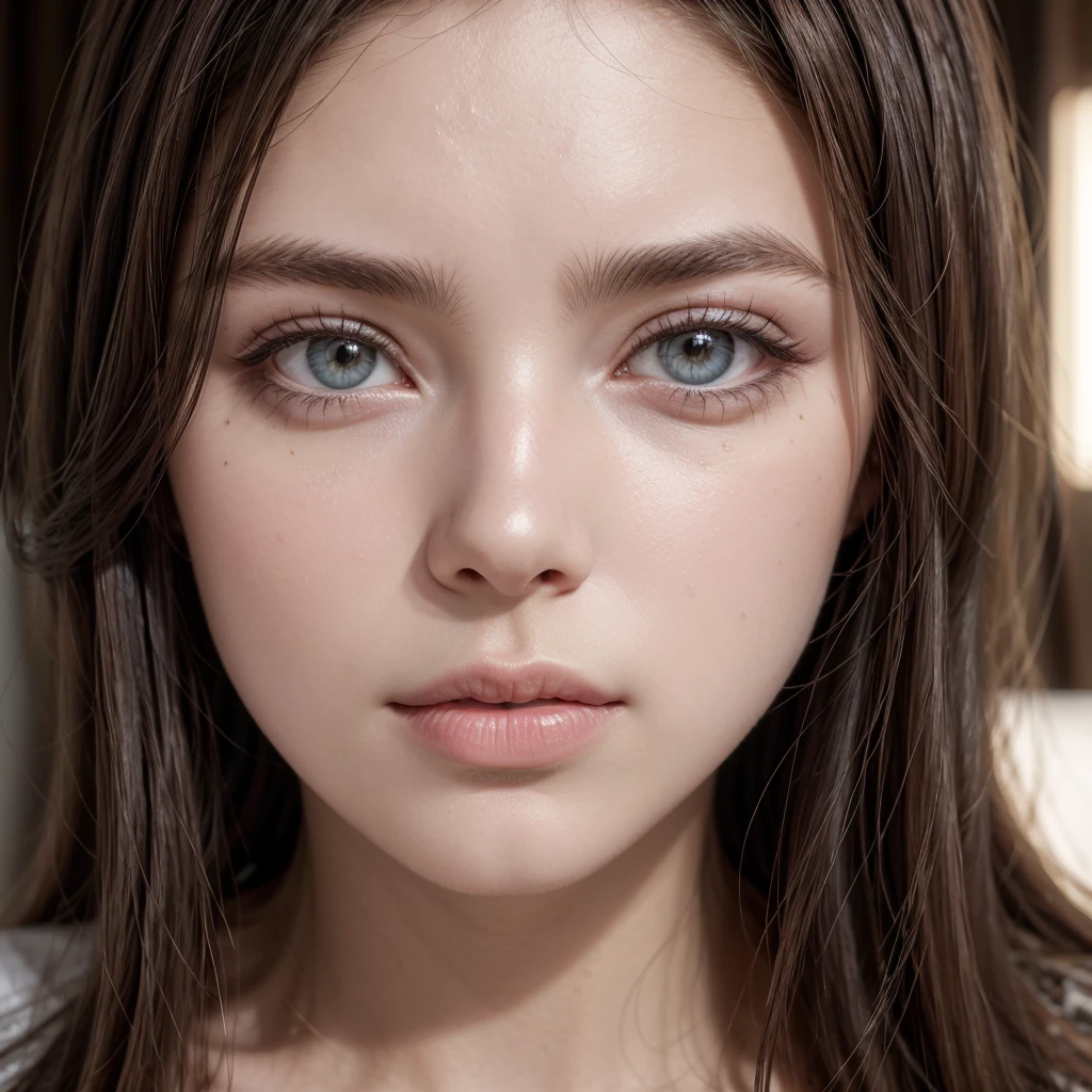 Brunetette, with light eyes and a natural face. 