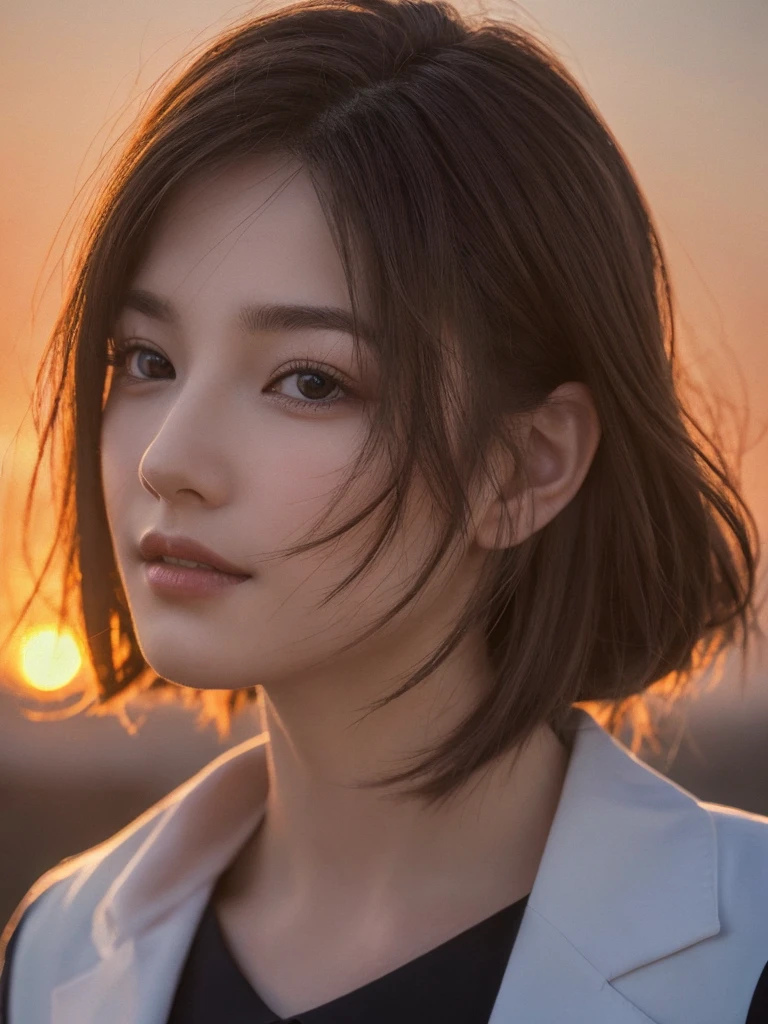 (((highest quality, 8k, masterpiece))), sharp focus, thin, cinematic lighting、perfection、soft light、high resolution skins:1.3、realistic skin texture、28 year old south Korean woman、small face、no makeup、long and curvy hair、dark blonde hair、Detailed beautiful brown eyes、bust A cup、medium breasts、wearing a suit black、CEO、cool beauty、sunset background、