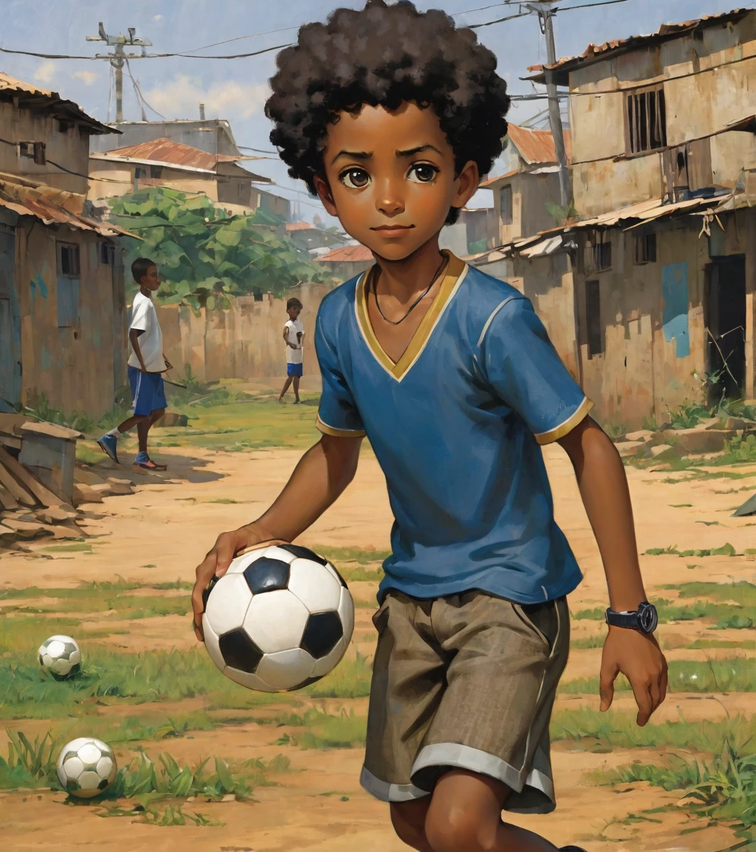 A poor Afro-Brazilian boy in a soccer field, in a favela in Porto Alegre Rio Grande do Sul Brazil drawn by Todd McFarlane and Greg Capullo, he is wearing old and torn clothes, he is shotting a soccer ball and playing with the ball with your dog, a soccer field in the background, Robert Downey Jr Reference., engine unreal, octane rendering, por Jacob Lawrence e Francis Picabia, perfect composition, beautiful detailed intricate insanely detailed octane rendering trending on artstation, 8k art photography, photorrealistic concept art, soft natural volumetric cinematic perfect light, Bright dark, rewarded photography, work of art, oil on canvas, rafael, Greg Rutkowski, beetle, Beksinski, giger, beautiful perfect face with perfect face, a smile on your face with two large central incisors, the detail, highy detailed, photo realist
