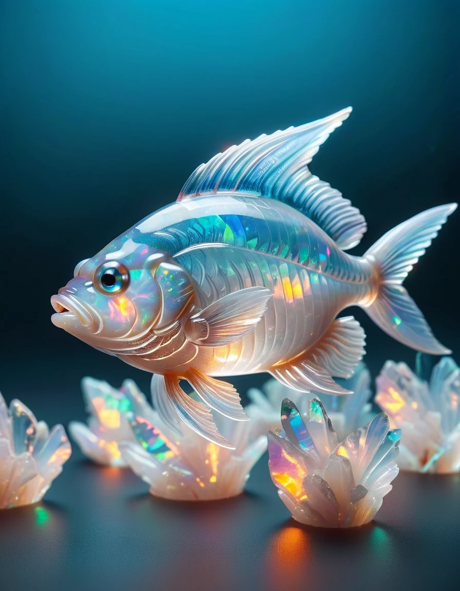 food photography photo of a crystal fish , maximum detail, foreground focus, made out of ral-opal