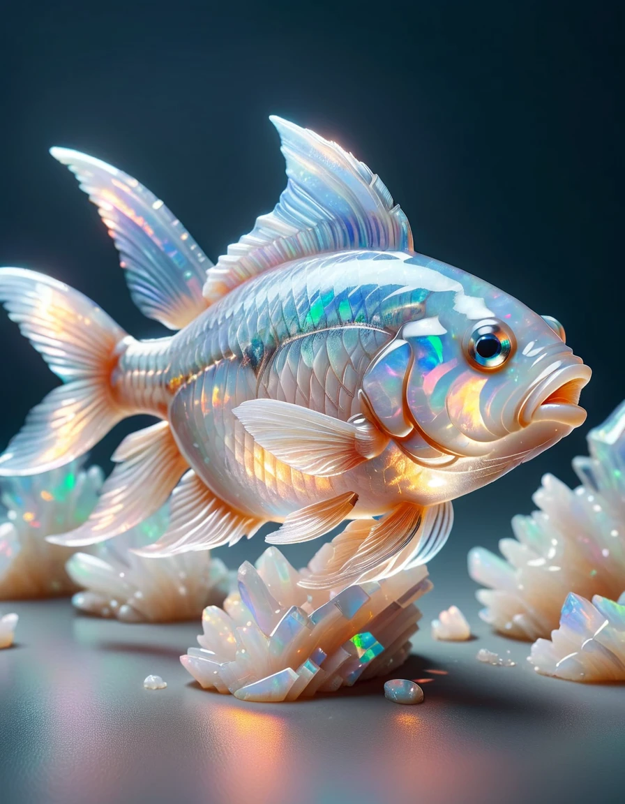 food photography photo of a crystal fish , maximum detail, foreground focus, made out of ral-opal