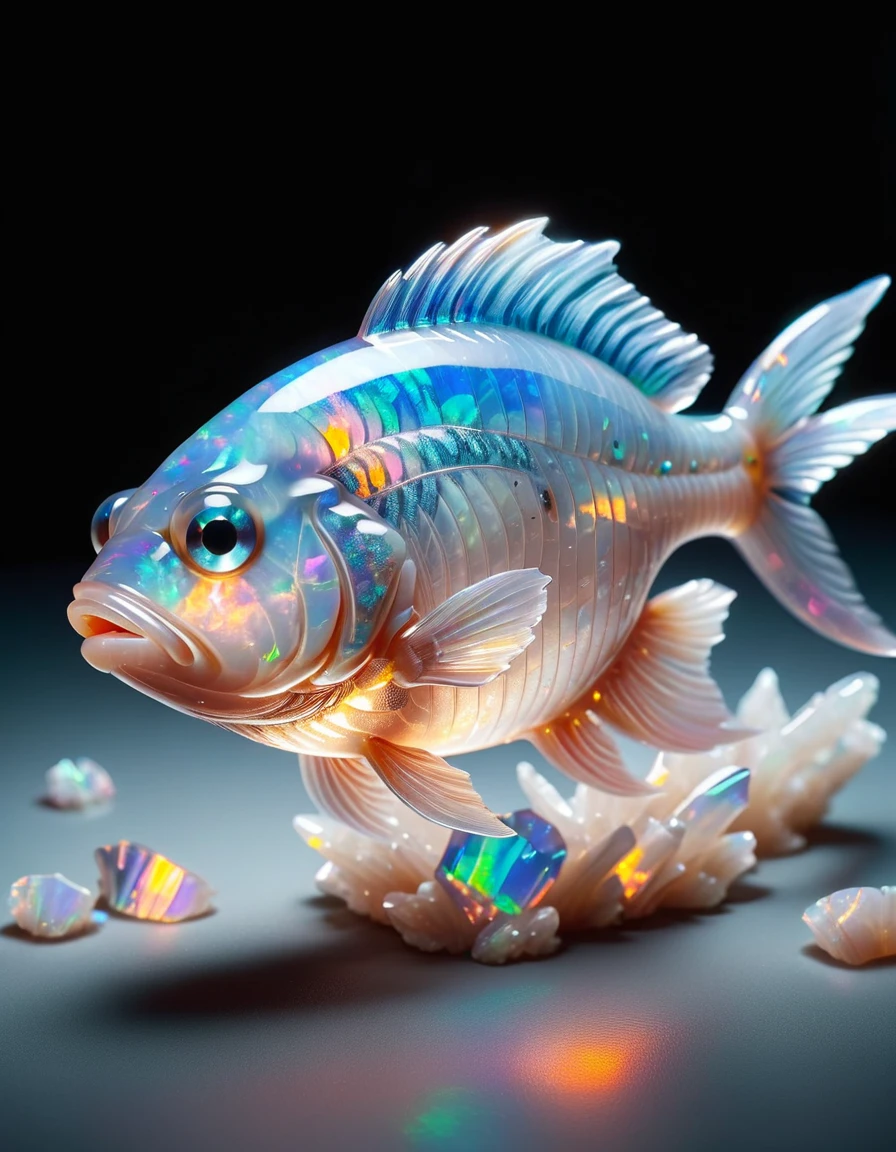 food photography photo of a crystal fish , maximum detail, foreground focus, made out of ral-opal
