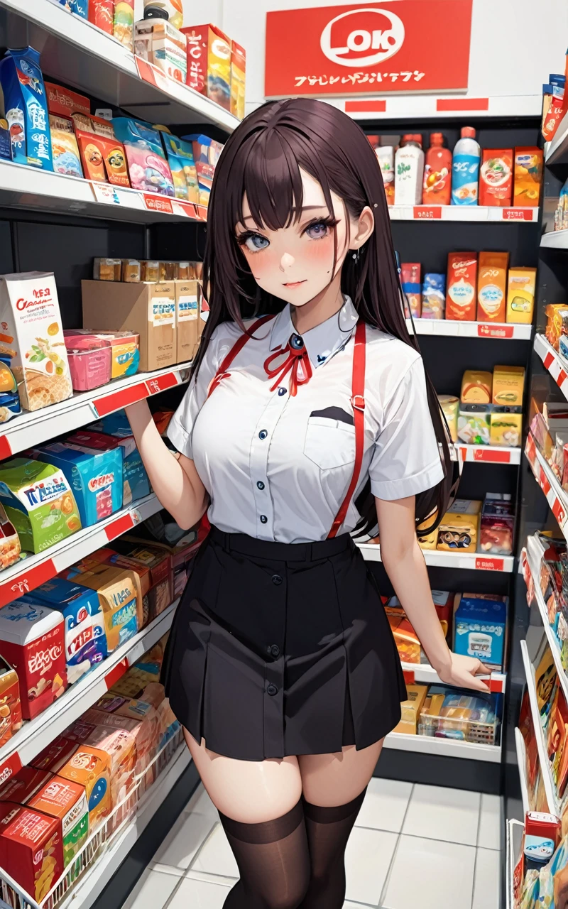 Highest quality、super high quality、16K, Delicious breasts、Facial expressions are random、The place is a convenience store、 Her hair color is red、The pose is of a girl stocking shelves at a convenience store.、The distance is random、Angles are random、Small face、Very delicate facial expressions、Delicate eye depiction、Highly detailed hair、Erotic、18-year-old female、Glowing Skin、Soft Skin、The only sexy Japanese woman、The clothes are random convenience store clerks、1 female、