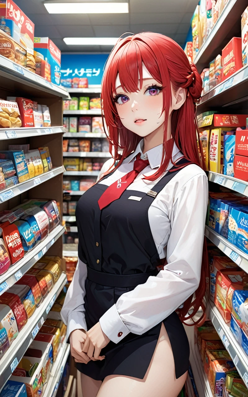 Highest quality、super high quality、16K, Delicious breasts、Facial expressions are random、The place is a convenience store、 Her hair color is red、The pose is of a girl stocking shelves at a convenience store.、The distance is random、Angles are random、Small face、Very delicate facial expressions、Delicate eye depiction、Highly detailed hair、Erotic、18-year-old female、Glowing Skin、Soft Skin、The only sexy Japanese woman、The clothes are random convenience store clerks、1 female、