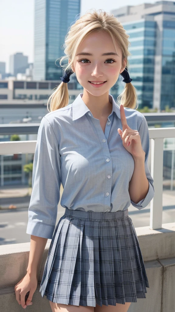 (masterpiece:1.3, highest quality, Ultra-high resolution, Super detailed), (Realistic:1.1, photoRealistic:1.4), Beautiful illustrations, Perfect lighting, colorful, Depth of written boundary, Beautiful detailed hair, Beautifully detailed face, Beautiful fine details, Beautiful clavicle, Beautiful body, Beautiful breasts, Beautiful thighs, Beautiful feet, Beautiful fingers, View your viewers, 1 girl, Japanese, high school girl, Perfect Face, (Perfect Anatomy, Anatomically correct), Cute and symmetrical face, , Sunburn, Shiny skin, (Middle Hair:1.5, Twin tails:1.2, Blonde), Asymmetrical bangs, blue eyes, Long Eyelashes, (Medium chest), thin, ((Collared short-sleeved shirt, Light blue shirt, , Grey plaid pleated skirt, Navy them)), No panties, (Beautiful views), evening, (Outdoor, distant cityscape), Are standing, (peace sign), (Cute smile, Cheek blush、Upward glance, Open your mouth), (Opening a girl's pussy:1.3), Occasionally crouches:1.2,Stick your finger in pussy:1.5,((A large amount of pee is sprayed from the vagina)),(((Very small, young face and chest))),
