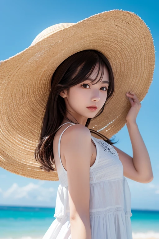 1girl, Straw hat, white dress, blue sky, beautiful sea