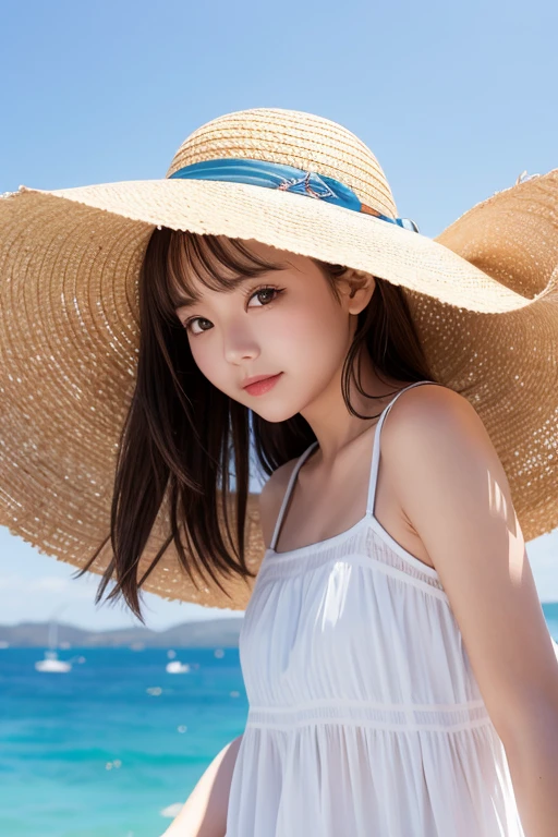 1girl, Straw hat, white dress, blue sky, beautiful sea