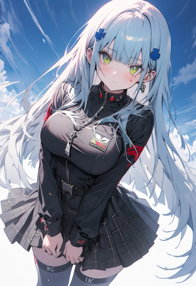 （(1girl))，(((high resolution))),((full body)),straight hair,large breatst,Masterpiece，Super detailed，((white background))，Cool look,((hk416)) ，childish appearance,(expressionless),blunt bangs,(Sky blue hair)，long hair，big ,Teenage Girls,Clear Eyes，Green Eyes,white skin,Great graphics,black jacket,thigh-high socks,plaid skirt,Military Uniform,Delicate Features,white 
