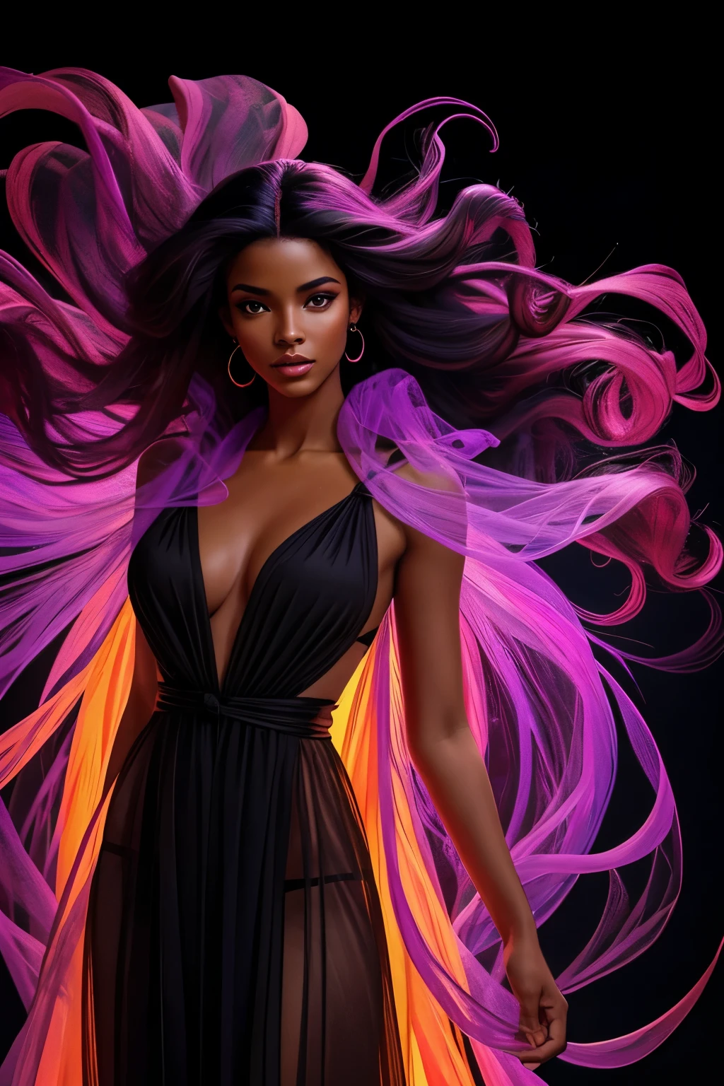 Digital painting of the full-length silhouette of a beautiful, beautiful and unique Cuban model, perfect face, honey eyes and long cascading hair. Dressed in vibrant, ethereal, vibrant luminous and purple smoke, the translucent layers billowing from her fully showcase the beauty of the model. Very intense black background that contrasts with the model and the color of her dress. Studio lighting, ultra-fine painting, sharp focus, professional, vivid colors, best quality, 8k, high resolution, masterpiece: mysticism+coherent and ultra-realistic