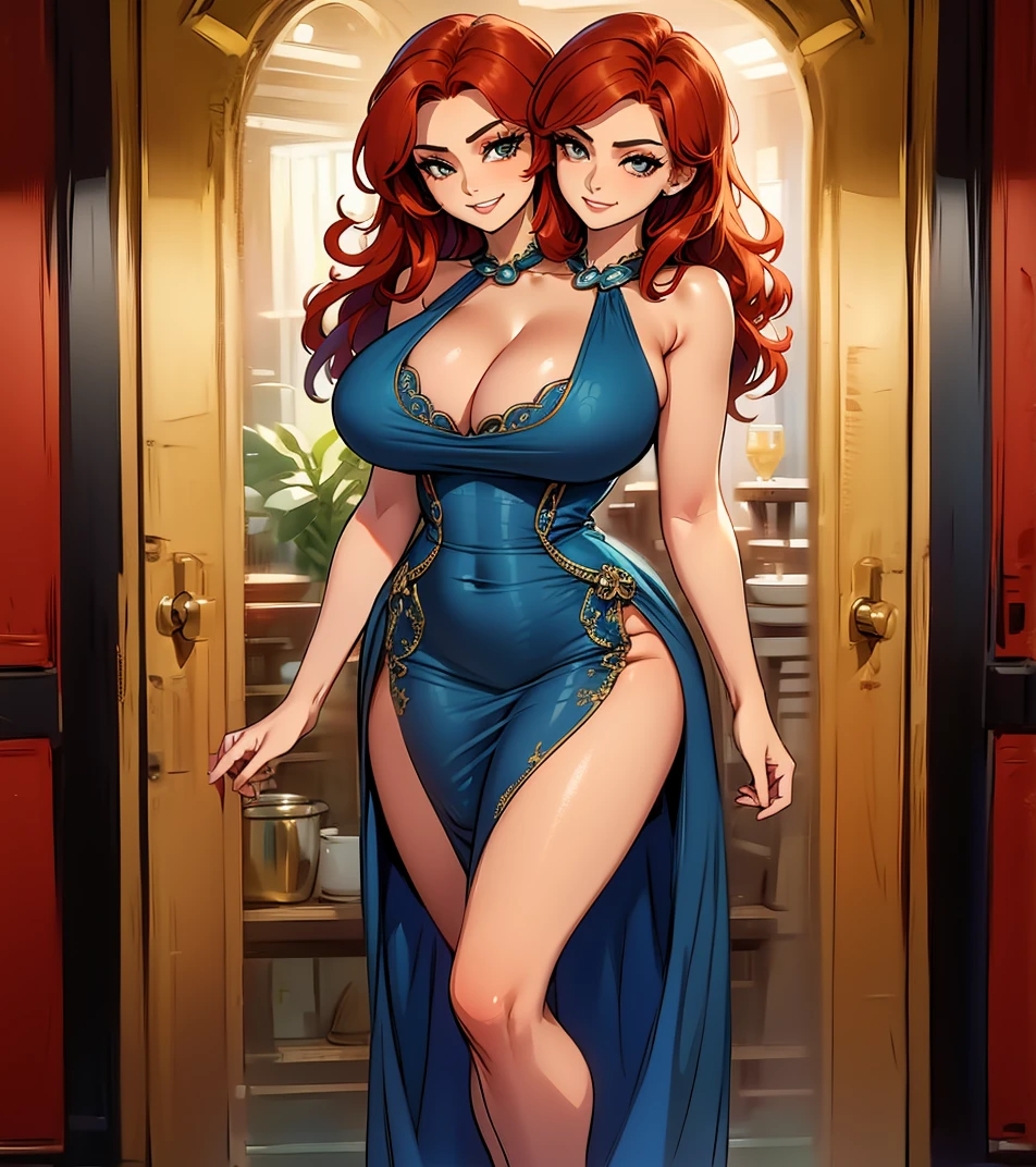 best quality, (masterpiece),(ultra-detailed), (high quality), (high resolution), ((2heads:1.5)), best quality:1.5, highres, UHD, 16K), two headed woman, smiling, highres, masterpiece, ((red hair)),, ((different hair color)),cleavage, ((blue dress:1.5)), lustrous and smooth skin, huge breasts, (mature woman), (black eyes), (queen), seductive silhouette, ((slim hips)), casual dress, sexy proportions, Beautiful girl with accentuated slender abs, long legs, seductive woman