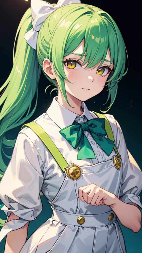 upper body,1girl,green hair,yellow eyes,low ponytail,white suit,green overalls,Purple bow tie,mesugaki,hyper detailed,cinematic lighting,detailed face,best quality,masterpiece,blue background