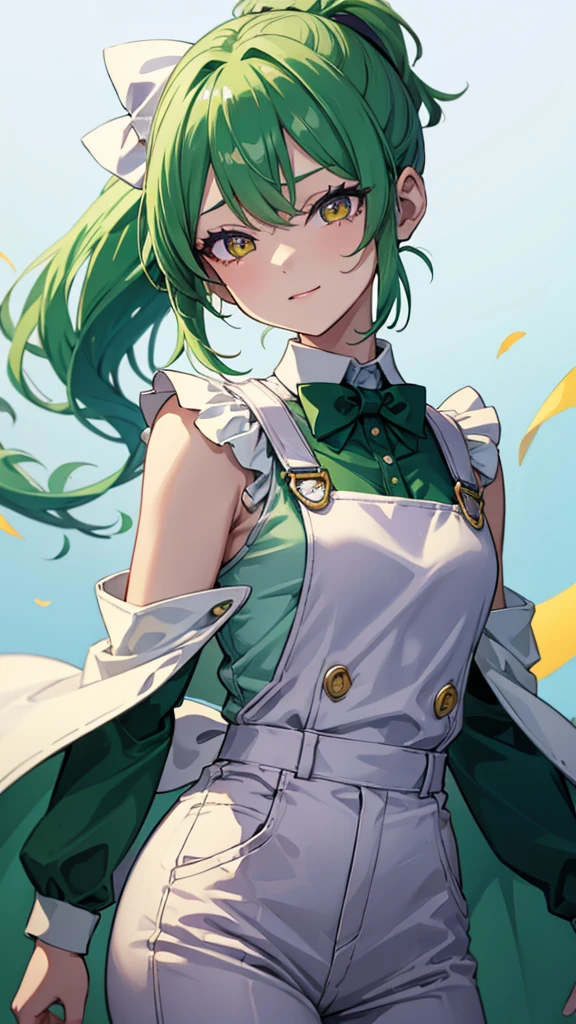 upper body,1girl,green hair,yellow eyes,low ponytail,white suit,green overalls,Purple bow tie,mesugaki,hyper detailed,cinematic lighting,detailed face,best quality,masterpiece,blue background