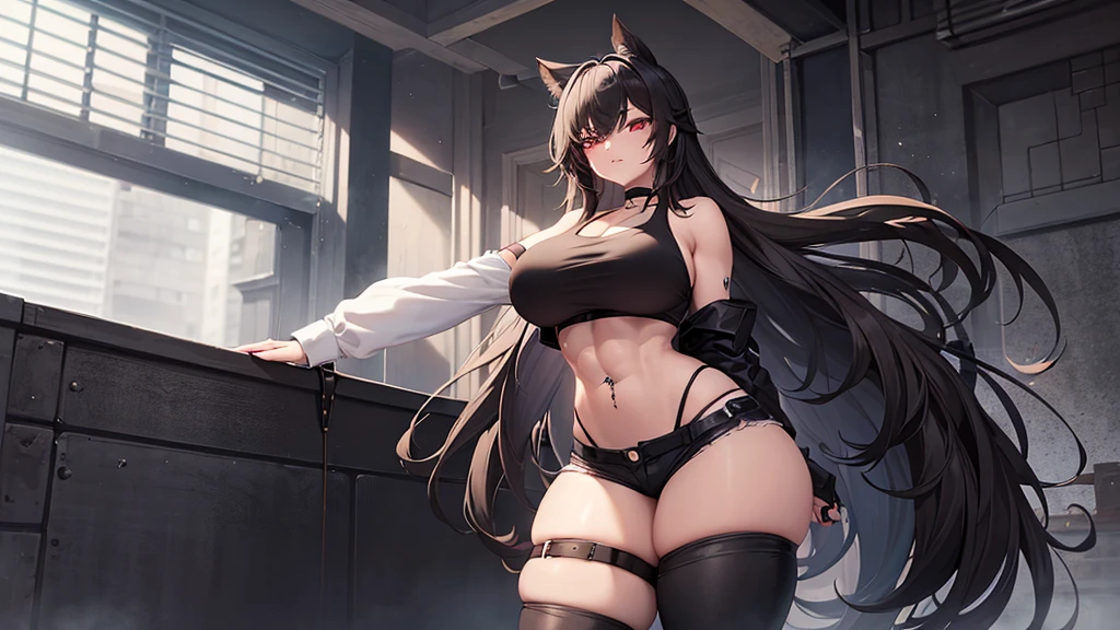 1 girl, muscular, black hair, red eyes, pale skin, solo, long hair, curvy, wide hips, thick thighs, very huge breasts, (black choker, black crop top and black jean booty shorts), sultry, navel piercing, midriff abs