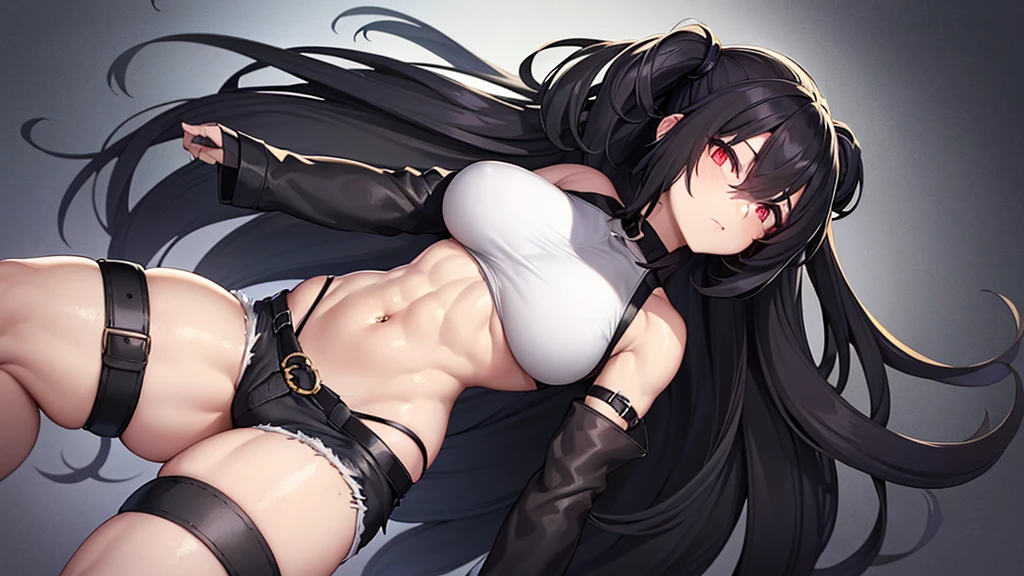 1 girl, muscular, black hair, red eyes, pale skin, solo, long hair, curvy, wide hips, thick thighs, very huge breasts, (black choker, black crop top and black jean booty shorts), sultry, navel piercing, midriff abs