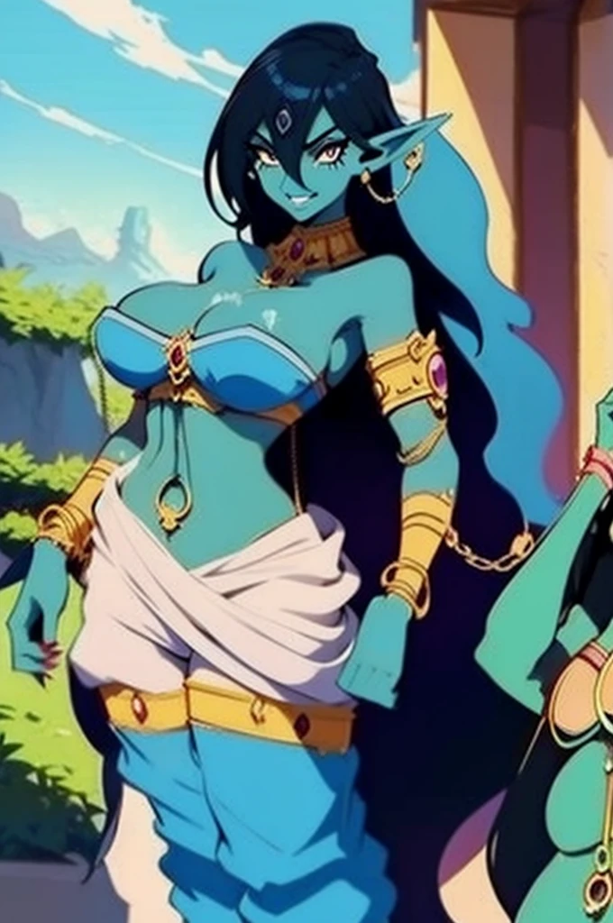 (Masterpiece, best quality, official art, 8K), ultra-detailed, a cartoon image of a golden-skinned female Djinn with blue hair and a chain around her neck, Human Hybrid Djinn, ((((sky blue skin)))), skin genie girl sky blue, alone, Krenz Cushart and Artgerm, aesthetics!!!!!! female genius, she is huge, beautiful girl genius, artgerm comics, colorful artgerm!!!, artgerm style, in the artgerm style, artgerm style, Asian Water Elemental Woman, Goddess Inanna, The Greek goddess Afrotita, aesthetic!!!!!! (1 Female Genie Djinn), (Big Breasts), Beautiful Genie, Evil Goddess, Djinn Character, Detailed Body, Cuffs with Hanging Chains, Colorful Concept Art, Spiritual Fantasy Concept Art, female genie, (blue hair), Sky blue skin, Djinn girl, (Sky Blue Skinned Elf-Djinn).