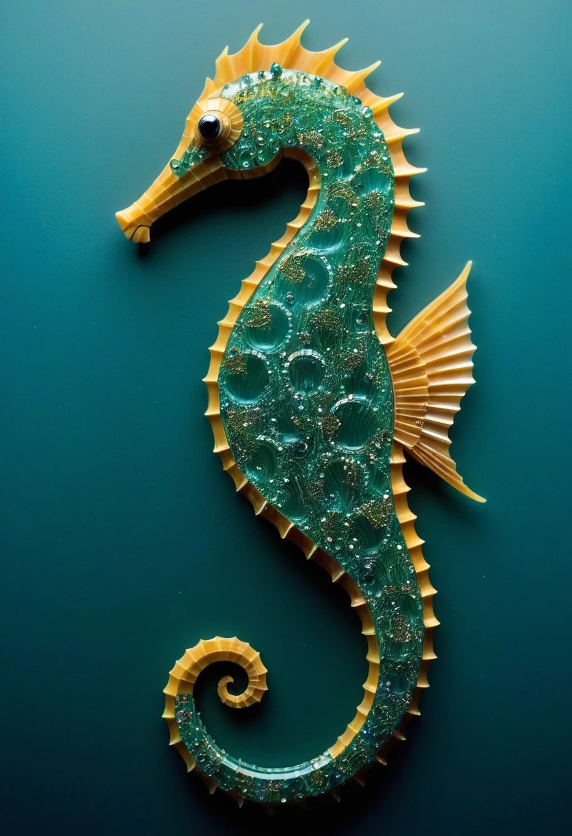 circuit board,carved to resemble the shape of a seahorse, with every detail meticulously crafted to capture the delicate features of the creature. Its body curves gracefully, adorned with tiny scales and delicate fins that seem to ripple in an invisible current. The eyes are inset with precious stones, shimmering with an ethereal glow,shards,underwater,BugCraft,under the water,under water