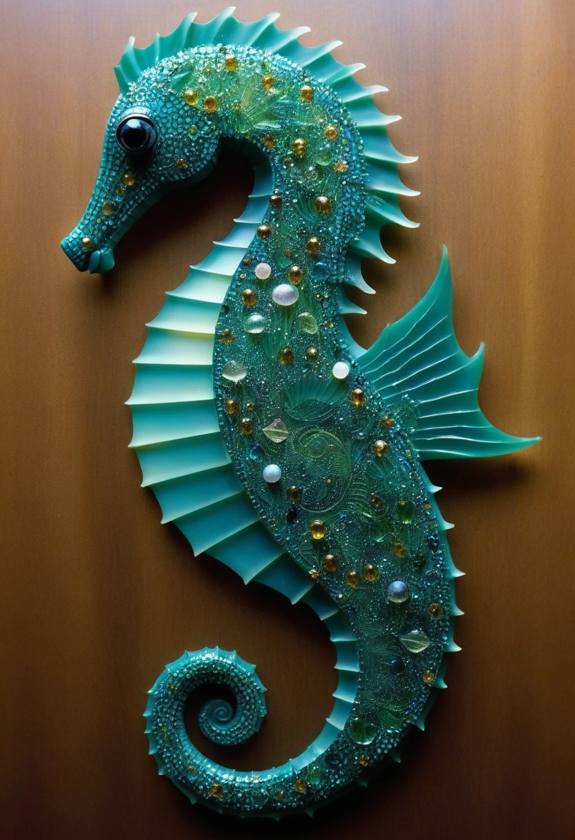 circuit board,carved to resemble the shape of a seahorse, with every detail meticulously crafted to capture the delicate features of the creature. Its body curves gracefully, adorned with tiny scales and delicate fins that seem to ripple in an invisible current. The eyes are inset with precious stones, shimmering with an ethereal glow,shards,underwater,BugCraft,under the water,under water