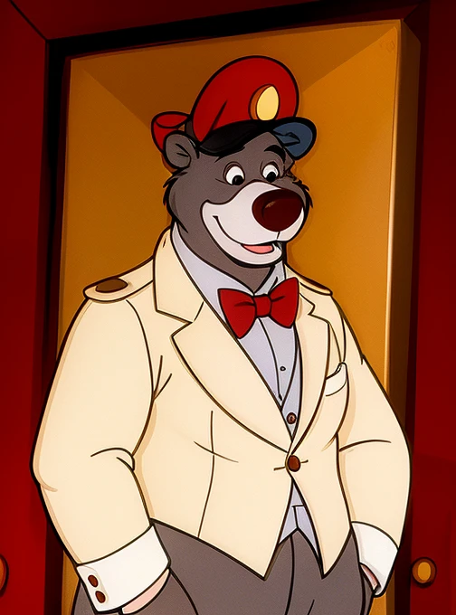 1 boy, bear, black eyes, day, Fluffy man, He has, male focus, a parody, Red Hat,bow tie in white tuxedo, ,smile, One,fantasy, Animal, illustration, flat, Vector, detailed