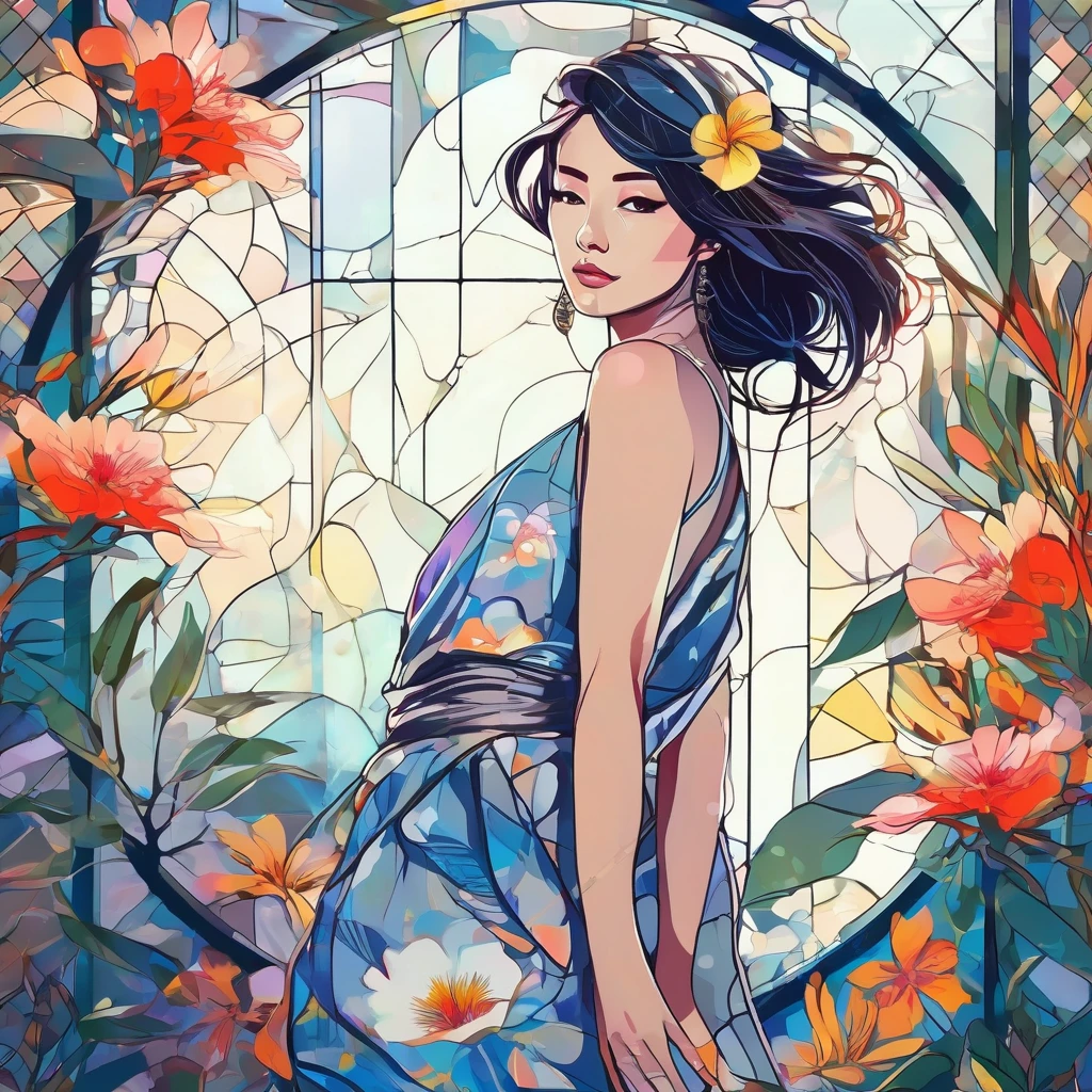 A pretty cute kimono style young girl silhouette is softly revealed as light dances through the watercolor-like stained glass. female,silver hair,blue eyes,short camisole,crop shirt,Off shoulders,white,Art, anime,illustration、Create a digital art work in pop art style, featureing a vibrant and confident woman with bold makeup and colorfull fashion, cinematic color scheme, surrounded by vintage flowers patterns, energtic brushstrokes,the mood should be dynamic, upper body, drawing, illustration, grayscale, tropical, adubon fruits, adubon plants, many flowers, vector, painting oil, asian girl