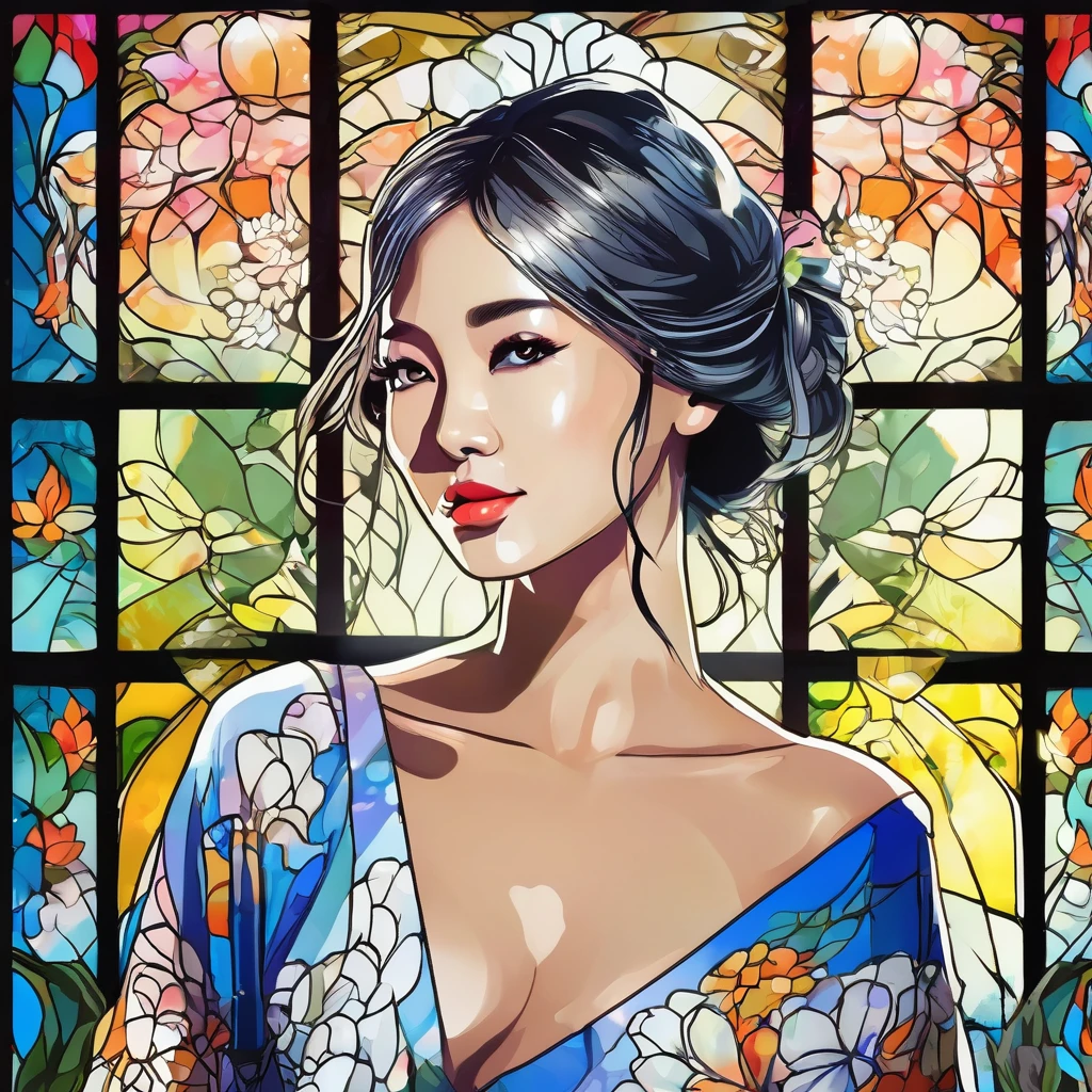 A pretty cute kimono style young girl silhouette is softly revealed as light dances through the watercolor-like stained glass. female,silver hair,blue eyes,short camisole,crop shirt,Off shoulders,white,Art, anime,illustration、Create a digital art work in pop art style, featureing a vibrant and confident woman with bold makeup and colorfull fashion, cinematic color scheme, surrounded by vintage flowers patterns, energtic brushstrokes,the mood should be dynamic, upper body, drawing, illustration, grayscale, tropical, adubon fruits, adubon plants, many flowers, vector, painting oil, asian girl