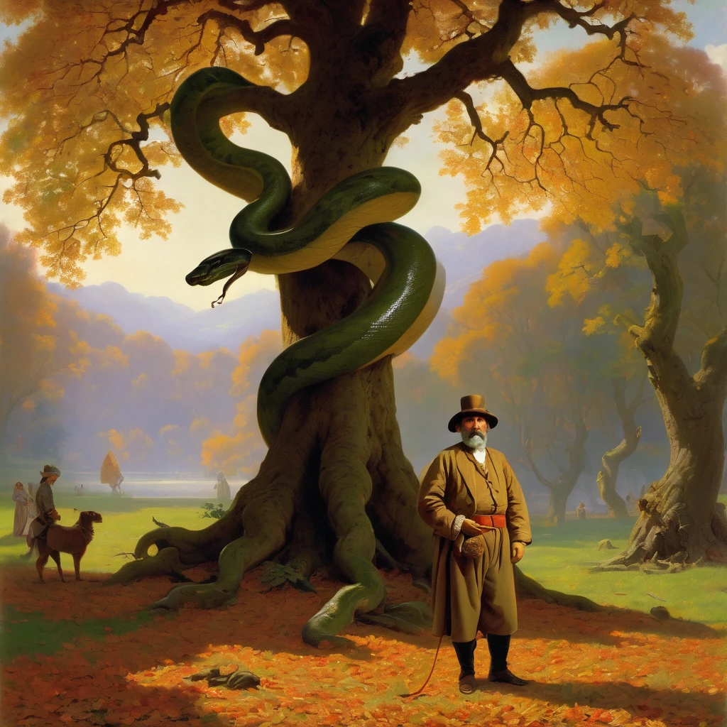 Georgian nationality, Georgian Middle-aged man in traditional outfit, with serious face, looking forward, under giant oak tree, man Bound by snake, man holding snake head, Autumn, leaf on ground, art by Albert Bierstadt