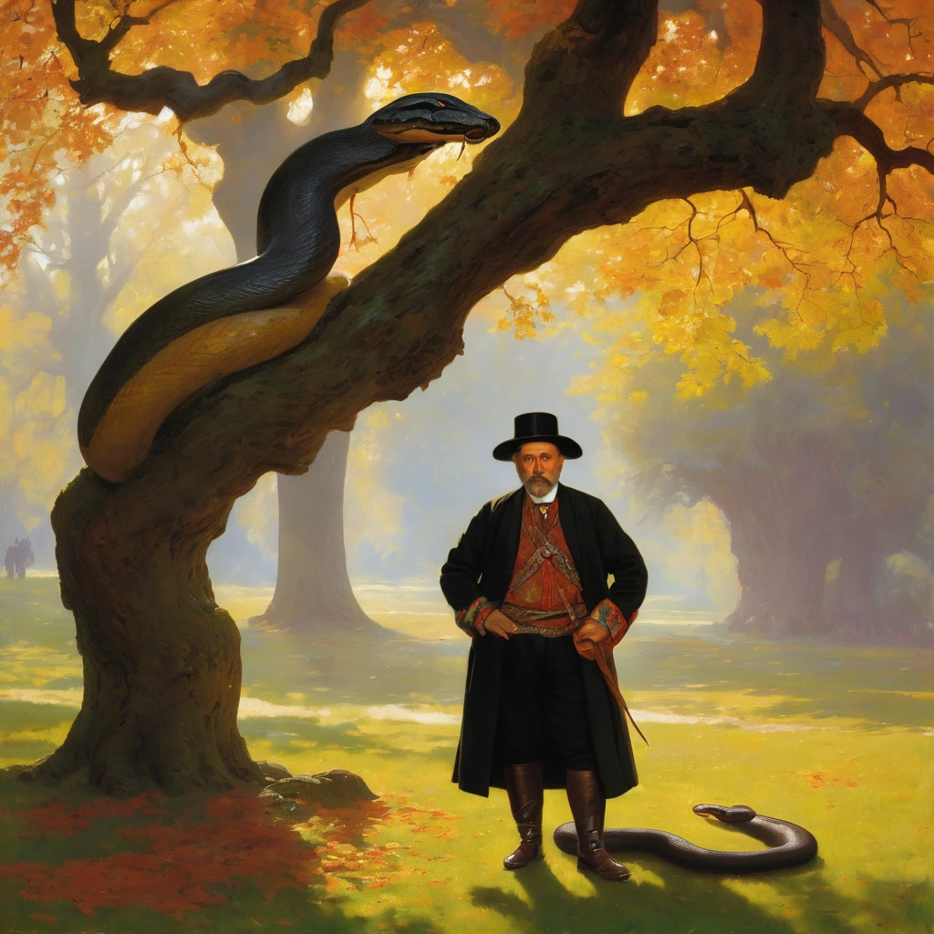Georgian nationality, Georgian Middle-aged man in traditional outfit, with serious face, looking forward, under giant oak tree, man Bound by snake, man holding snake head, Autumn, leaf on ground, art by Albert Bierstadt