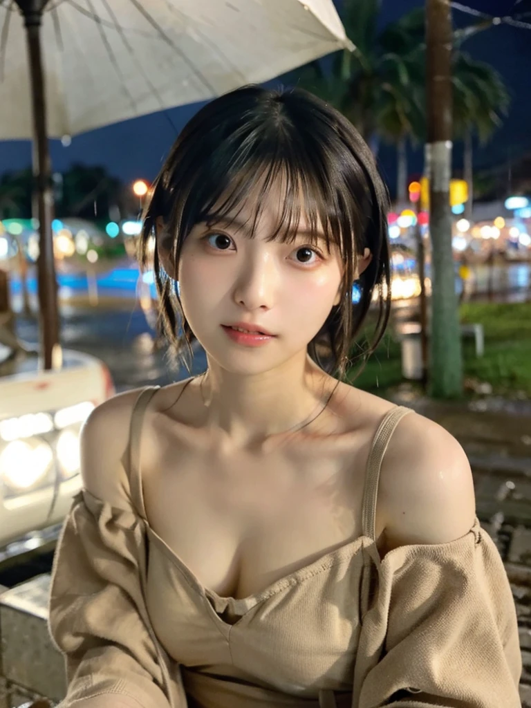 highest quality,RAW Photos , 19 year old Japanese female idol, From above , Face Focus , Face close-up ,
Selfie,Lying on the ground, ((Off-the-shoulder tops , Cold shoulder top , clavicle , Exposing shoulders ,Cleavage ,))short hair, Bowl Cut ,Cute Face ,Edgy,Drooping ,clavicle,Muddy Waters , Overflowing ,Wet ,Selfie, Pale skin,At the Beach, rain,night,