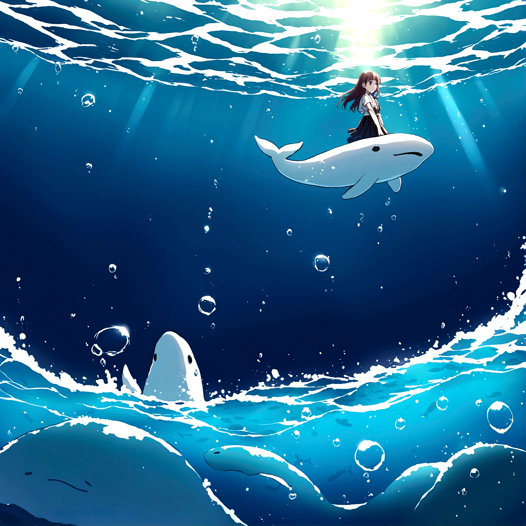 illustration:Girl in white swimming with whales at the bottom of the sea,The whale jumped out, The bubbles around the surface of the water slowly rise,Sunlight slanting, prime time,