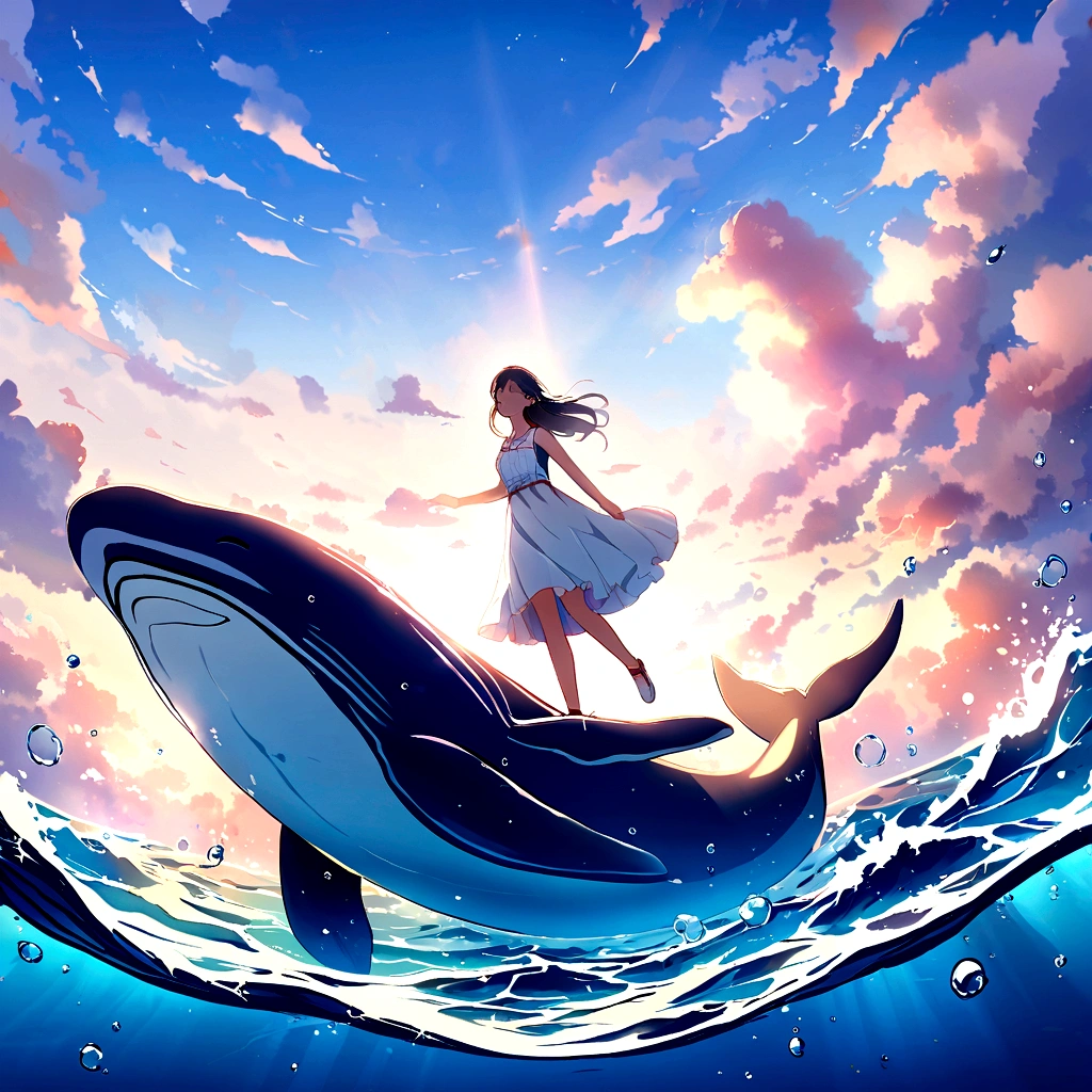 illustration:Girl in white swimming with whales at the bottom of the sea,The whale jumped out, The bubbles around the surface of the water slowly rise,Sunlight slanting, prime time,