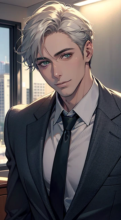 (Highest quality,4K,8K,High resolution,masterpiece:1.2),Super detailed,(Realistic,photoRealistic,photo-Realistic:1.37),1 person,34 years old,Mature Men,Beautiful skin、very handsome,Expressionless smile in love,Short white hair,green eyes,Sharp Eyes,A perfect face without a doubt,Businessman, CEO, Office Background,Cinema Lighting,HDR image,tie、