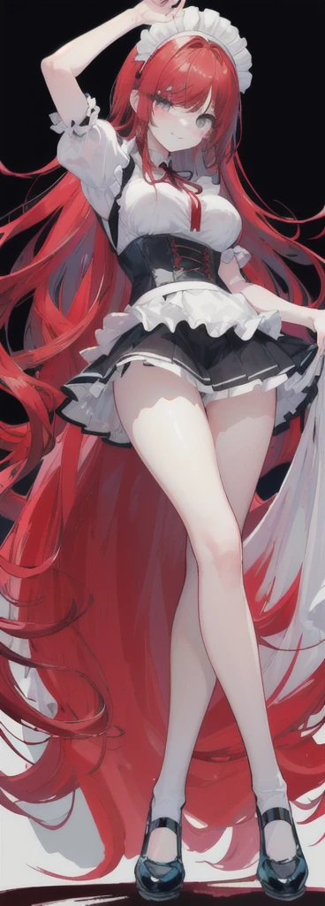 (long beautiful red hair) cyan eyes, (Eyes behind long bangs) big breasts, using accessories (using socks) perfect shiny beautiful reds shoes (Wearing luxurious palace maid clothes Perfect perfect noble)  Pose facing sideways (Girl1, straight hair not too long, bangs covering one eye, soft face, gentle smile) ((Standing position with long legs, bare thighs, image position visible from bottom of feet to top of head) long red hair, beautiful cyan eyes (Free pose, right hand down, left hand down, ((Free pose))smile kawai, (black white background) Wearing a reds corset, (Using a beautiful bright blue ribbon) Kawai shy cute eyes (reds colored shoes must be shiny, Must wear short white socks) ((short skirt)) short sleeves (image according to tag) 