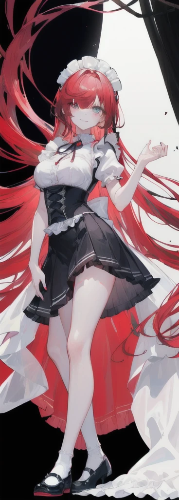 (long beautiful red hair) cyan eyes, (Eyes behind long bangs) big breasts, using accessories (using socks) perfect shiny beautiful reds shoes (Wearing luxurious palace maid clothes Perfect perfect noble) Pose facing sideways (Girl1, straight hair not too long, bangs covering one eye, soft face, gentle smile) ((Standing position with long legs, bare thighs, image position visible from bottom of feet to top of head) long red hair, beautiful cyan eyes (Free pose, right hand down, left hand down, ((Free pose))smile kawai, (black white background) Wearing a reds corset, (Using a beautiful bright blue ribbon) Kawai shy cute eyes (reds colored shoes must be shiny, Must wear short white socks) ((short skirt)) short sleeves (image according to tag) Body height 179 cm