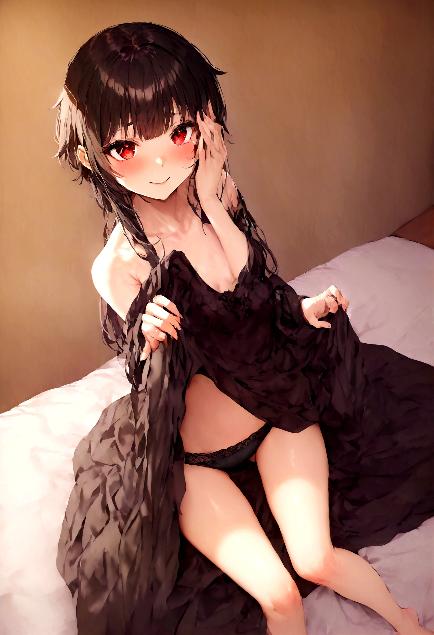 sitting on the bed , taking the dress showing the black panties 