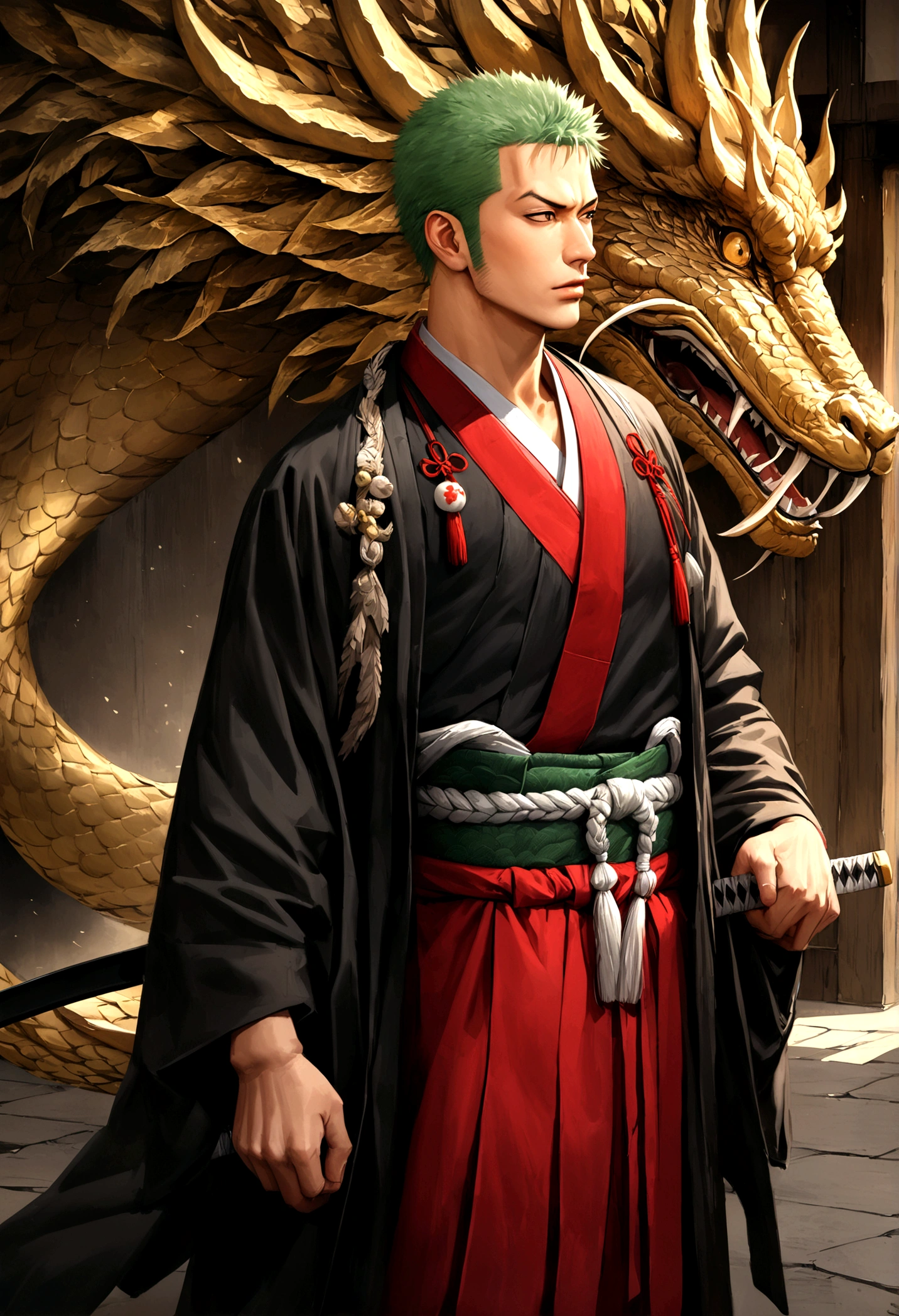 /imagine "Roronoa zoro, with a beautiful appearance and flowing hair, wearing a traditional Japanese kimono with intricate details, and three katanas strapped to his waist. He is facing a majestic Chinese dragon, whose scales shine with impressive realism. The art must have anime features, be highly realistic and of very high quality, capturing every detail accurately."