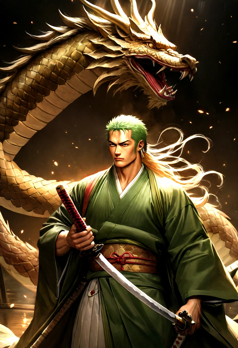 /imagine "Roronoa zoro, with a beautiful appearance and flowing hair, wearing a traditional Japanese kimono with intricate details, and three katanas strapped to his waist. He is facing a majestic Chinese dragon, whose scales shine with impressive realism. The art must have anime features, be highly realistic and of very high quality, capturing every detail accurately."