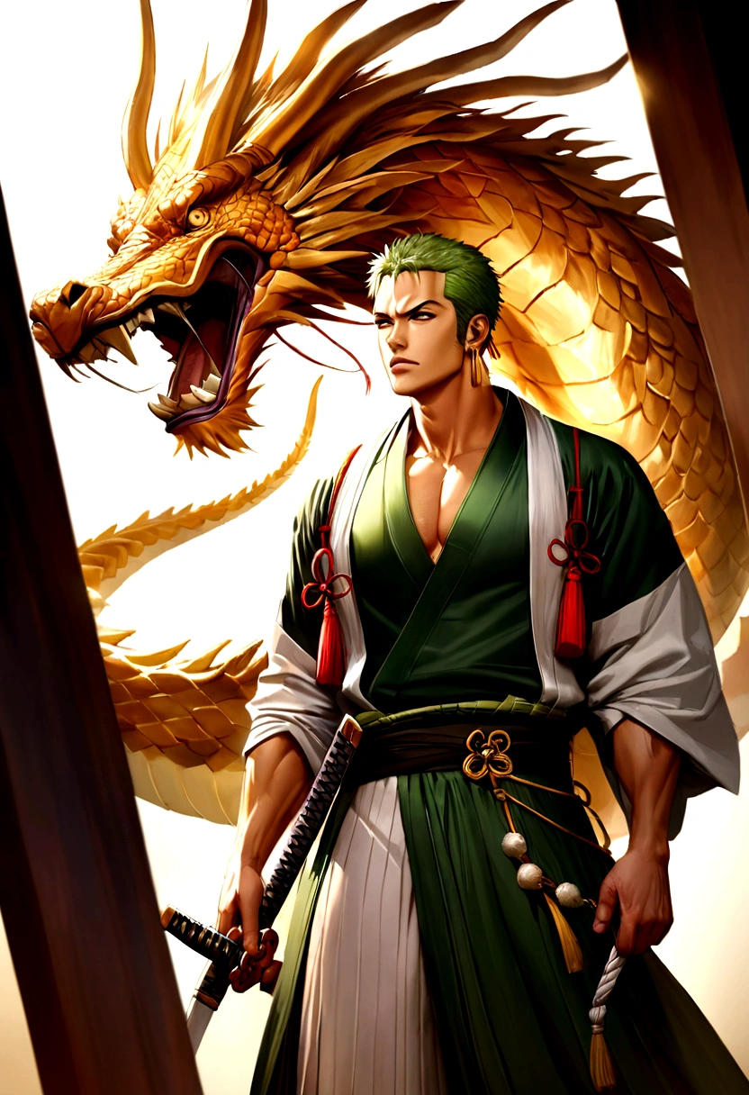 /imagine "Roronoa zoro, with a beautiful appearance and flowing hair, wearing a traditional Japanese kimono with intricate details, and three katanas strapped to his waist. He is facing a majestic Chinese dragon, whose scales shine with impressive realism. The art must have anime features, be highly realistic and of very high quality, capturing every detail accurately."