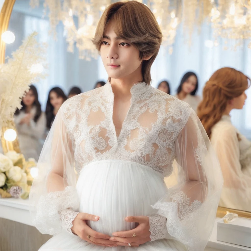 Christmas elf (Taehyung bts) woman smiling wearing striped stockings (sitting with ((Old man who is Santa Claus dress in Santa outfit))), (((full body))), smile, look of love on face, dynamic angle, realistic,