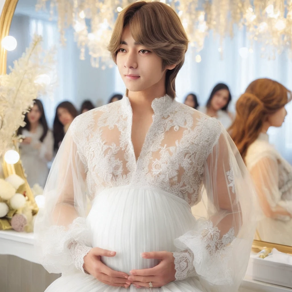 Christmas elf (Taehyung bts) woman smiling wearing striped stockings (sitting with ((Old man who is Santa Claus dress in Santa outfit))), (((full body))), smile, look of love on face, dynamic angle, realistic,