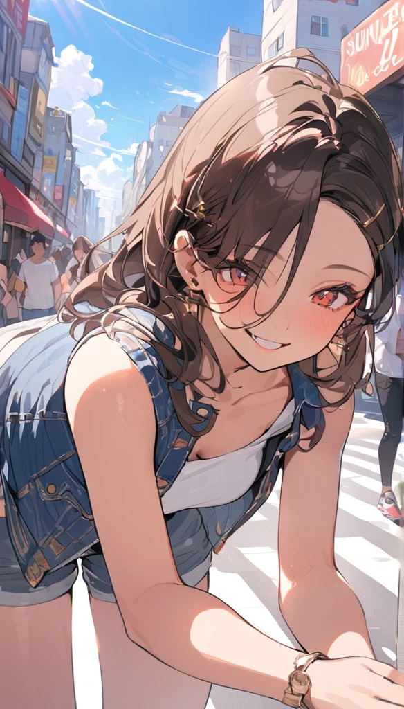 (masterpiece:1.5), highest quality, Super detailed, very detailed, exquisite, 16k, Full HD, very aesthetic, absurdres, anime style, 1girl, high school girl, beautiful, female, super sexy girl, 18 years old, shoulder-length brown hair, brown hair, joyful smile, trendy casual fashion, denim jacket, white T-shirt, shorts, sneakers, taking, busy street with cafes and boutiques, sunny afternoon, bright sunlight on girl's face, soft shadows, people and bicycles in the background, blue sky and tall buildings in the distance, sharp focus on subject, vivid colors, cheerful and lively atmosphere, warm sunlight feel, in brazil