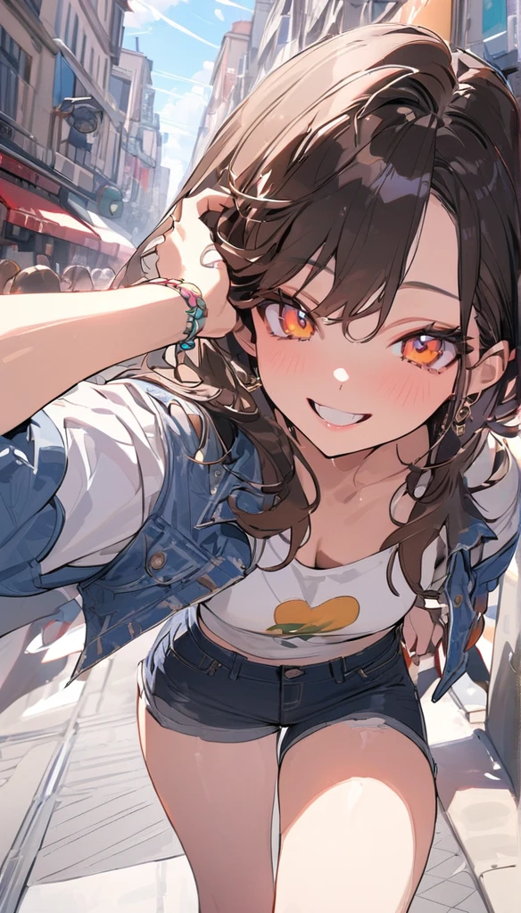 (masterpiece:1.5), highest quality, Super detailed, very detailed, exquisite, 16k, Full HD, very aesthetic, absurdres, anime style, 1girl, high school girl, beautiful, female, super sexy girl, 18 years old, shoulder-length brown hair, brown hair, joyful smile, trendy casual fashion, denim jacket, white T-shirt, shorts, sneakers, taking, busy street with cafes and boutiques, sunny afternoon, bright sunlight on girl's face, soft shadows, people and bicycles in the background, blue sky and tall buildings in the distance, sharp focus on subject, vivid colors, cheerful and lively atmosphere, warm sunlight feel, in brazil